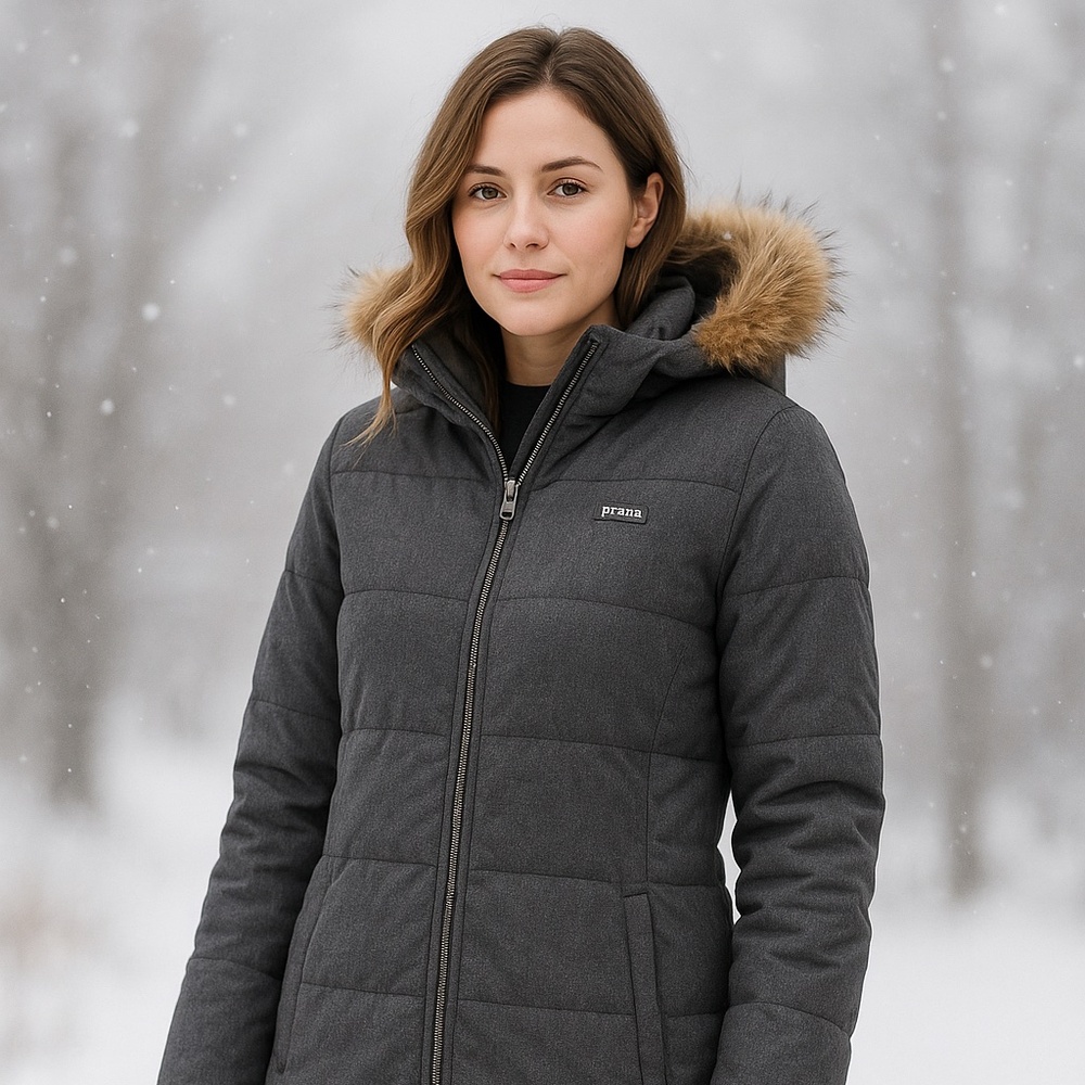 🧥 prAna Women’s Long Puffer Coat with Faux-Fur Hood – Charcoal Gray – Size L/XL - Picture 5 of 5